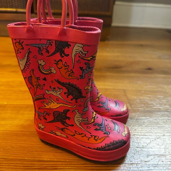 Cat & Jack pink dinosaur print pull on calf rain boots SIZE 5 - Picture 1 of 7